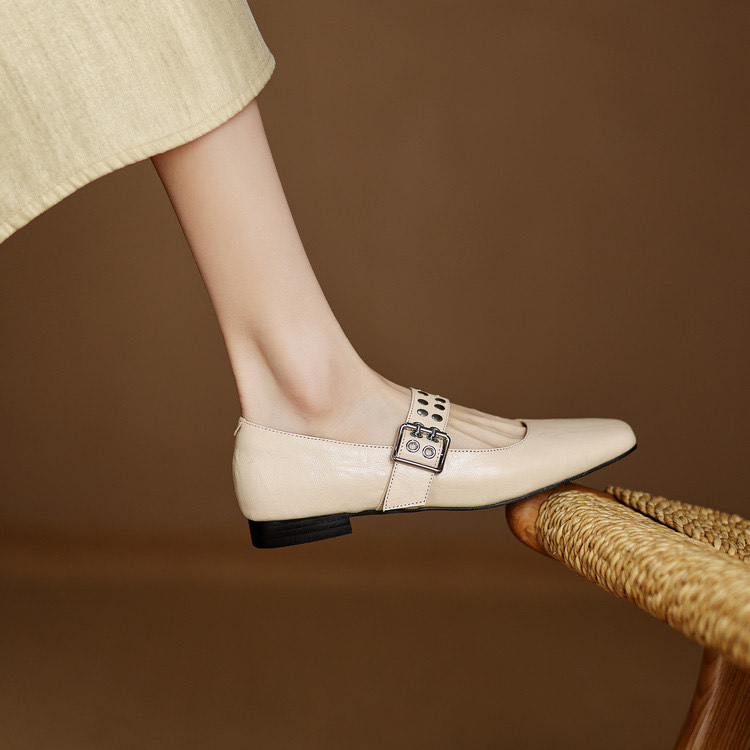 Beige Buckle Flats