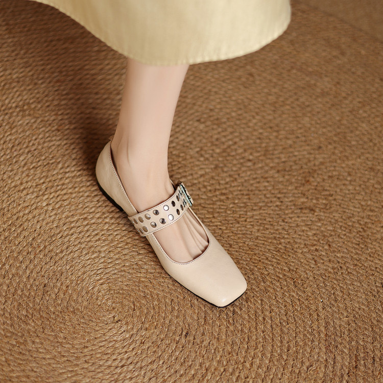 Beige Buckle Flats