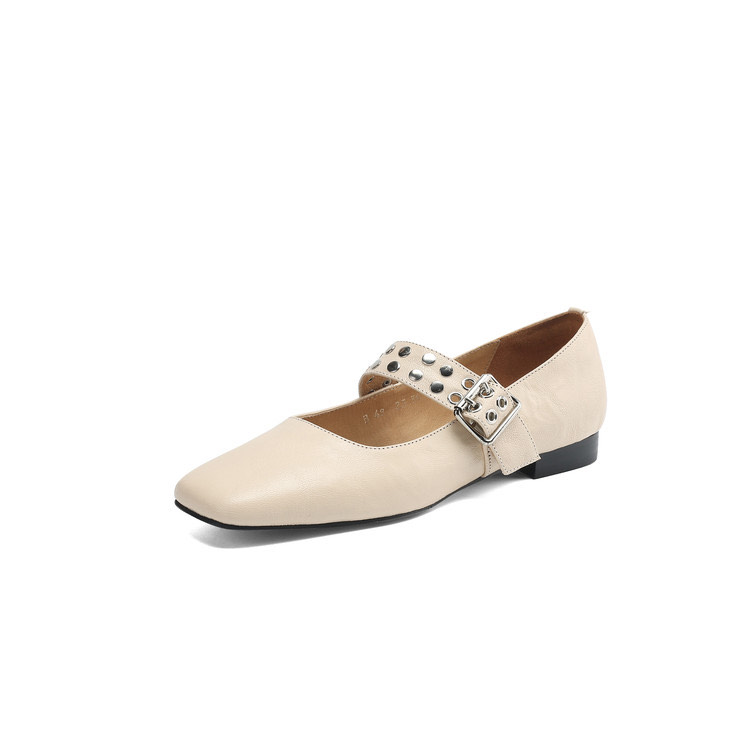 Beige Buckle Flats