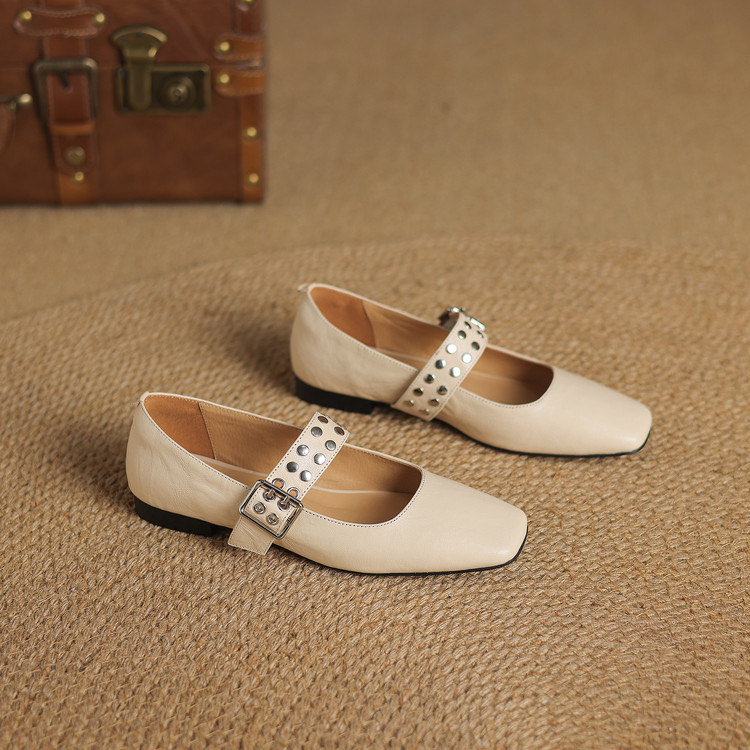 Beige Buckle Flats