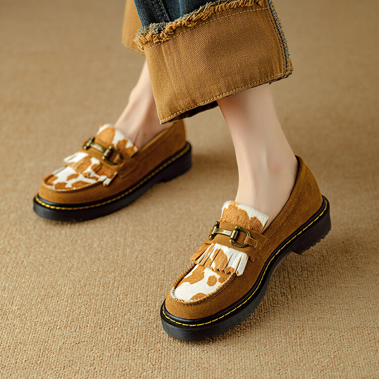 Camel cow print loafer