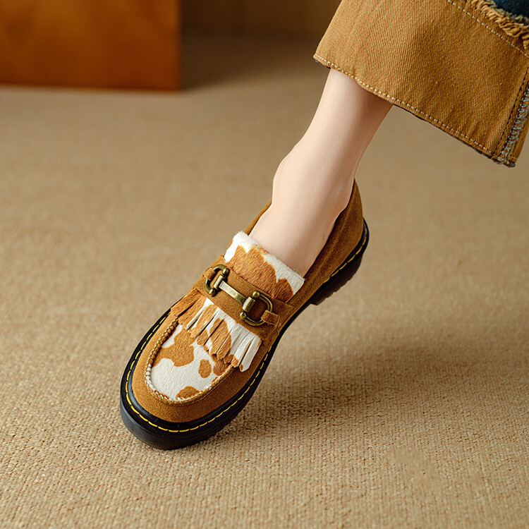 Camel cow print loafer
