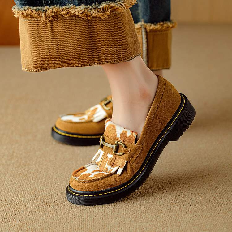 Camel cow print loafer