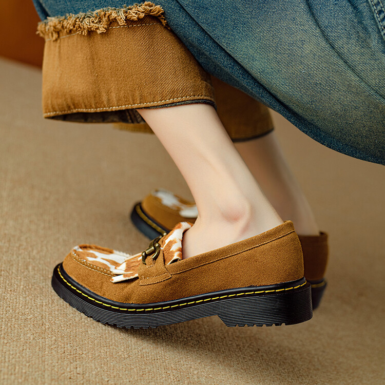 Camel cow print loafer