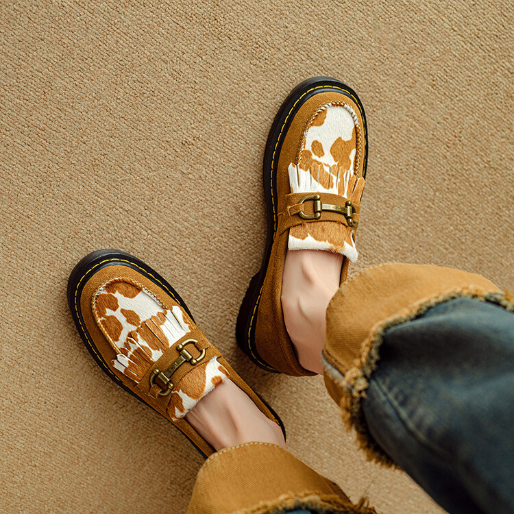 Camel cow print loafer