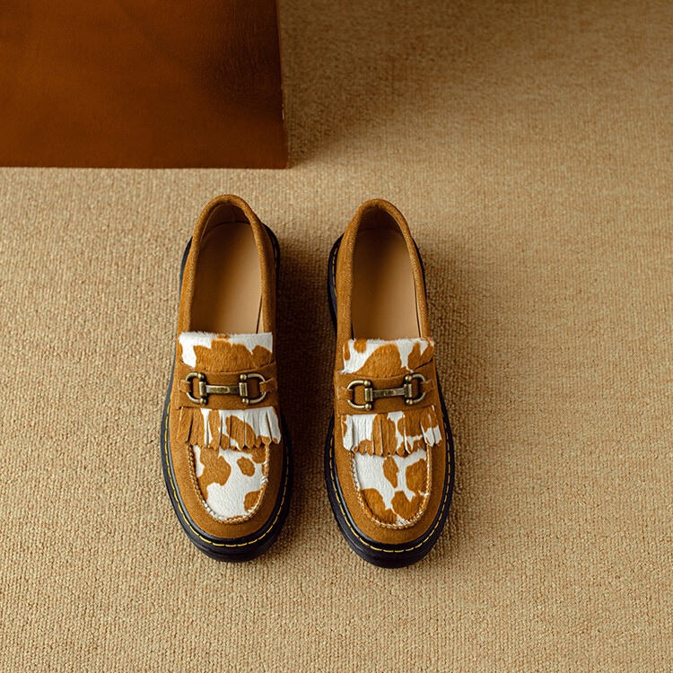 Camel cow print loafer