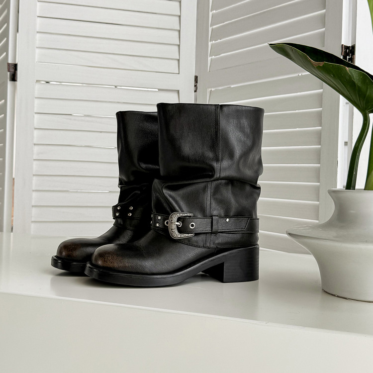 Belted Leather Boots Black