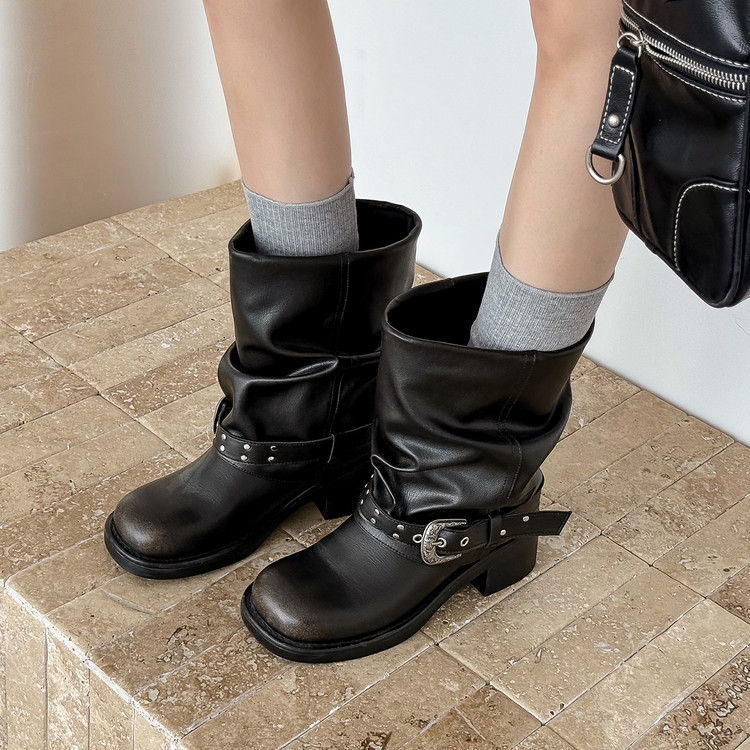 Belted Leather Boots Black
