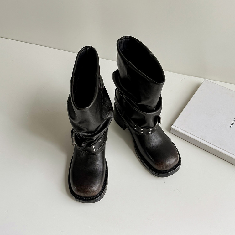 Belted Leather Boots Black