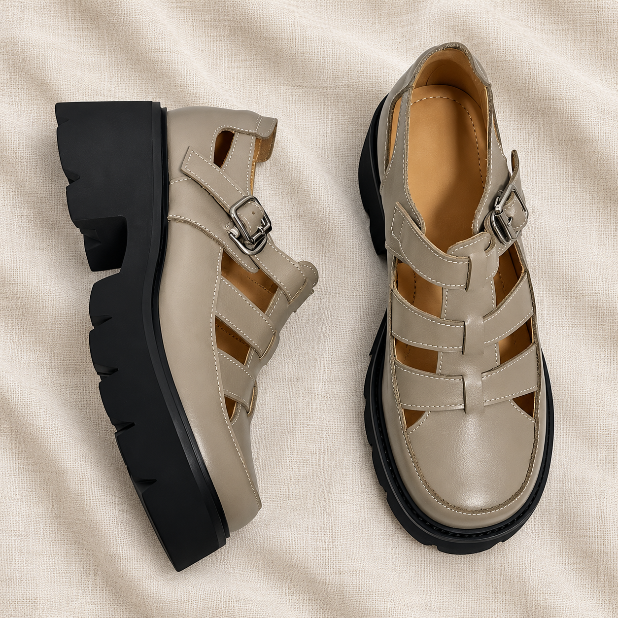 Taupe leather shoes on ivory linen